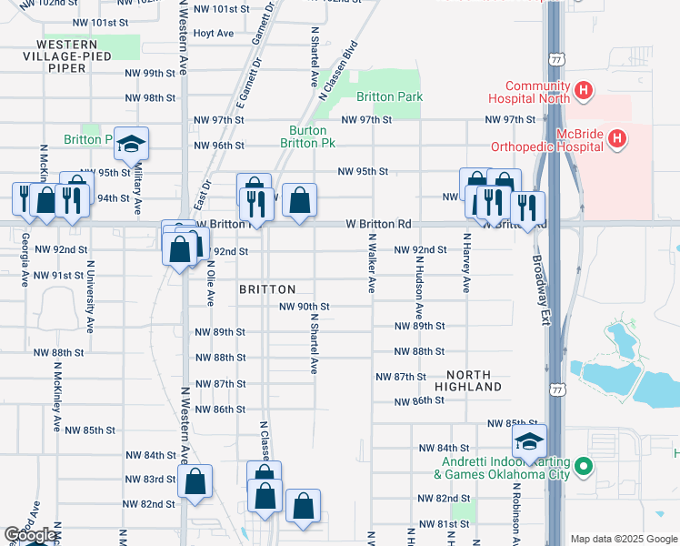 map of restaurants, bars, coffee shops, grocery stores, and more near 601 Northwest 91st Street in Oklahoma City