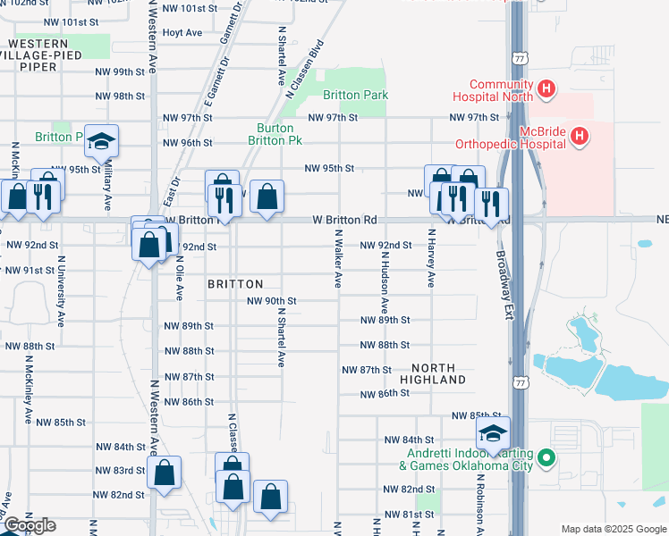 map of restaurants, bars, coffee shops, grocery stores, and more near 501 Northwest 91st Street in Oklahoma City