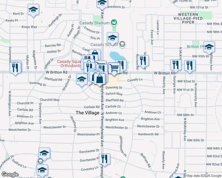 map of restaurants, bars, coffee shops, grocery stores, and more near 1613 Oxford Way in The Village
