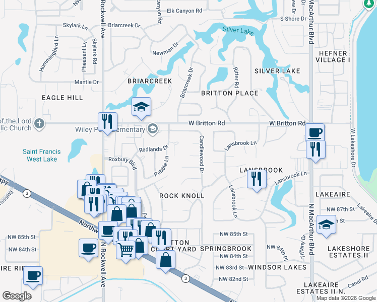 map of restaurants, bars, coffee shops, grocery stores, and more near 6505 Dulane Circle in Oklahoma City