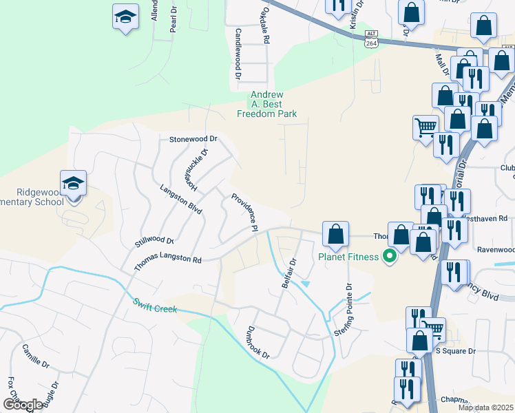 map of restaurants, bars, coffee shops, grocery stores, and more near 3605 Providence Place in Winterville