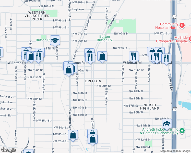 map of restaurants, bars, coffee shops, grocery stores, and more near 739 Northwest 91st Street in Oklahoma City