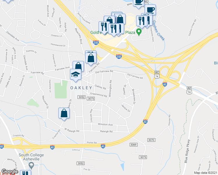 map of restaurants, bars, coffee shops, grocery stores, and more near 55 Wilmington Road in Asheville