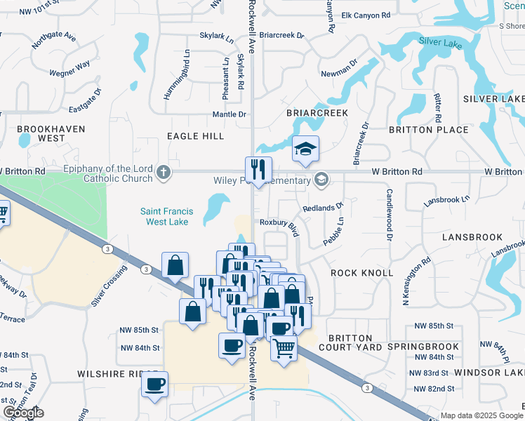 map of restaurants, bars, coffee shops, grocery stores, and more near 9202 North Rockwell Avenue in Oklahoma City