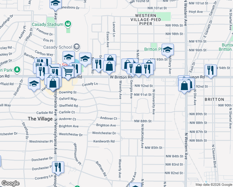 map of restaurants, bars, coffee shops, grocery stores, and more near 1301 Oxford Way in The Village