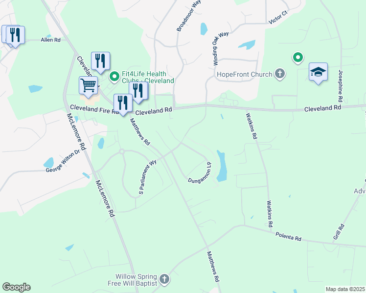 map of restaurants, bars, coffee shops, grocery stores, and more near 523 Dungannon Loop in Clayton