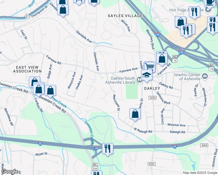 map of restaurants, bars, coffee shops, grocery stores, and more near 51 Merchant Street in Asheville