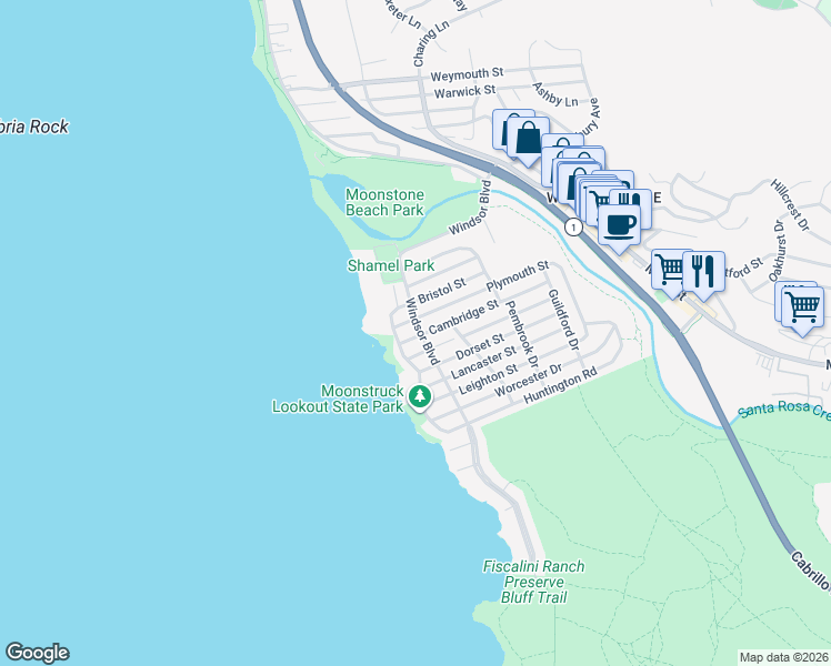 map of restaurants, bars, coffee shops, grocery stores, and more near Cambridge Street in Cambria