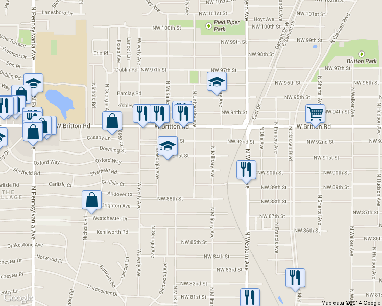 map of restaurants, bars, coffee shops, grocery stores, and more near 9201 North University Avenue in Oklahoma City