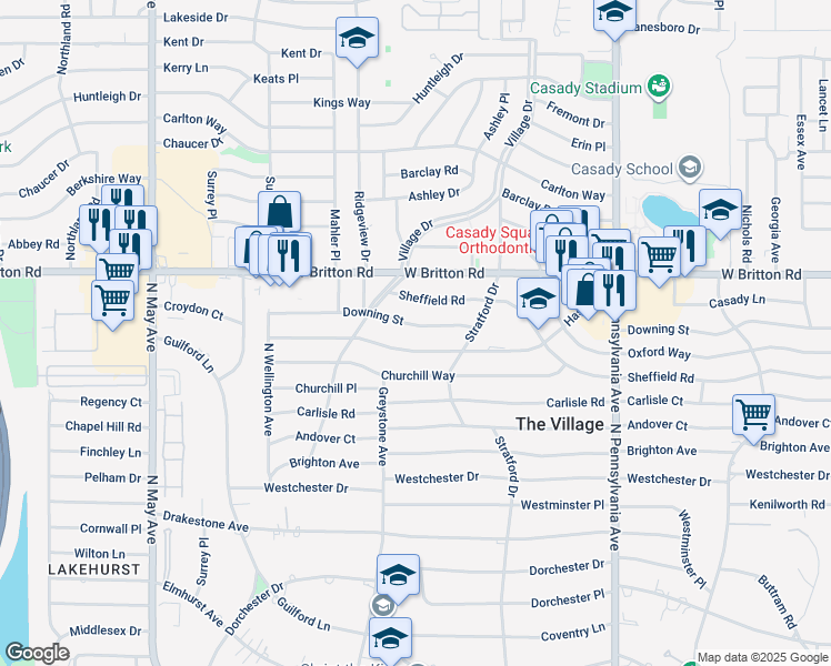 map of restaurants, bars, coffee shops, grocery stores, and more near 2001 Hasley Drive in The Village