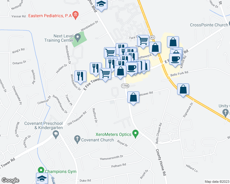 map of restaurants, bars, coffee shops, grocery stores, and more near 2100 Esther Circle in Greenville