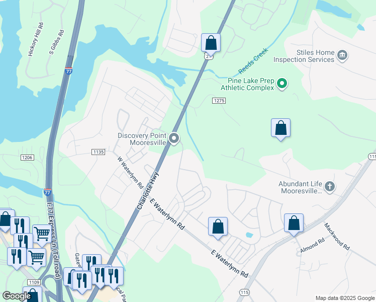 map of restaurants, bars, coffee shops, grocery stores, and more near 131 Waterlynn Ridge Road in Mooresville