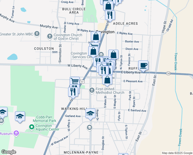map of restaurants, bars, coffee shops, grocery stores, and more near South Munford Street in Covington