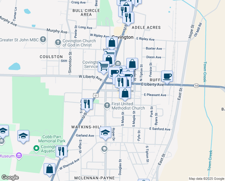 map of restaurants, bars, coffee shops, grocery stores, and more near South Munford Street in Covington