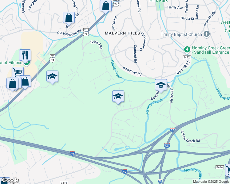 map of restaurants, bars, coffee shops, grocery stores, and more near 673 Sand Hill Road in Asheville
