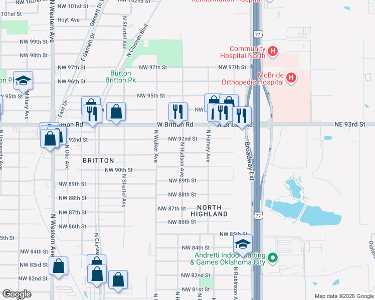 map of restaurants, bars, coffee shops, grocery stores, and more near 332 Northwest 91st Street in Oklahoma City