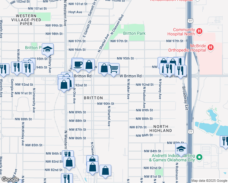 map of restaurants, bars, coffee shops, grocery stores, and more near 601 Northwest 91st Street in Oklahoma City