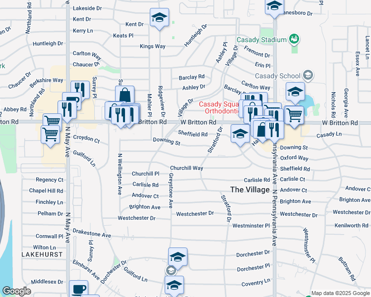map of restaurants, bars, coffee shops, grocery stores, and more near 2001 Hasley Drive in The Village
