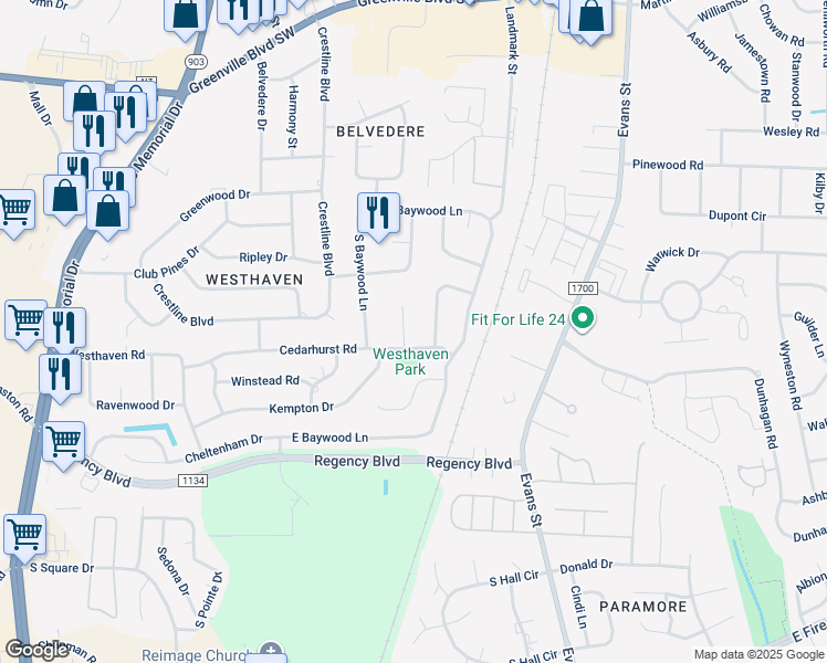 map of restaurants, bars, coffee shops, grocery stores, and more near 209 Bristol Court in Greenville