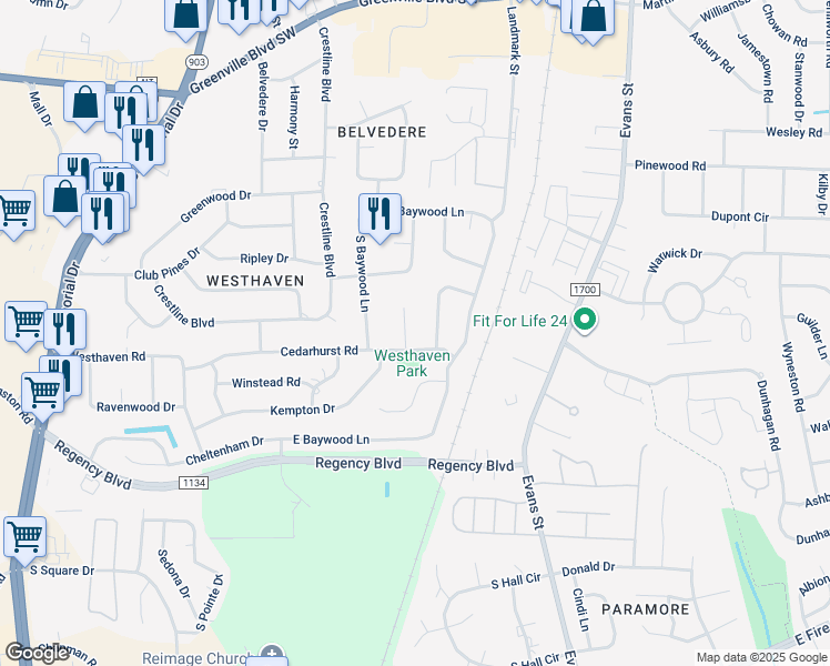 map of restaurants, bars, coffee shops, grocery stores, and more near 209 Bristol Court in Greenville