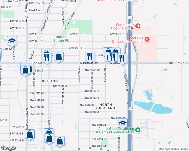 map of restaurants, bars, coffee shops, grocery stores, and more near 332 Northwest 91st Street in Oklahoma City