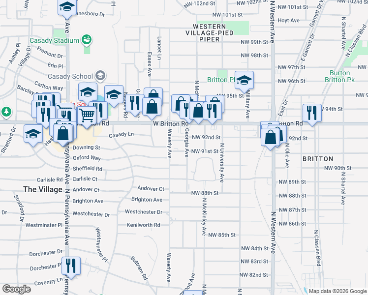 map of restaurants, bars, coffee shops, grocery stores, and more near 1435 Northwest 91st Street in Oklahoma City