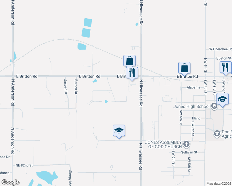 map of restaurants, bars, coffee shops, grocery stores, and more near 12816 Decker Drive in Jones