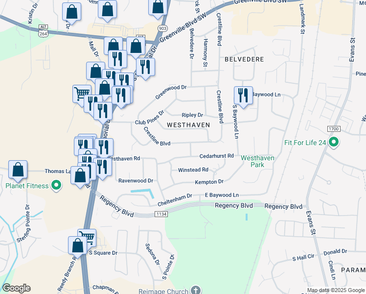 map of restaurants, bars, coffee shops, grocery stores, and more near 525 Crestline Boulevard in Greenville