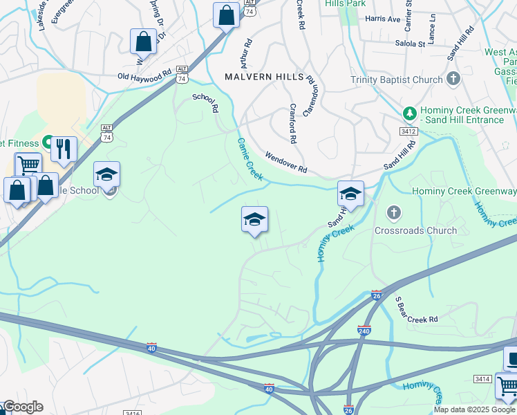 map of restaurants, bars, coffee shops, grocery stores, and more near 673 Sand Hill Road in Asheville
