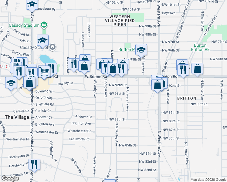 map of restaurants, bars, coffee shops, grocery stores, and more near 9017 North University Avenue in Oklahoma City