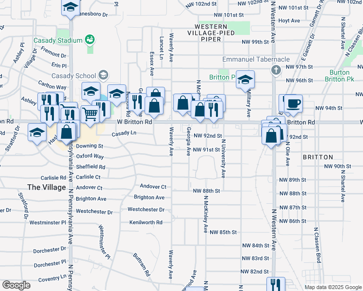 map of restaurants, bars, coffee shops, grocery stores, and more near 9115 Georgia Avenue in Oklahoma City