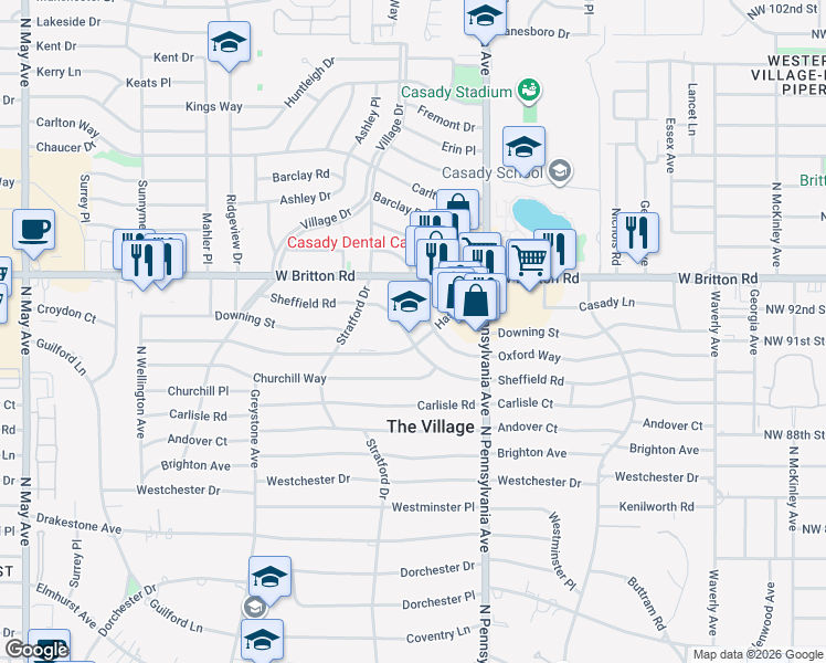 map of restaurants, bars, coffee shops, grocery stores, and more near 1810 Sheffield Road in The Village