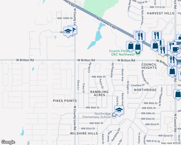 map of restaurants, bars, coffee shops, grocery stores, and more near 8737 Northwest 90th Street in Oklahoma City