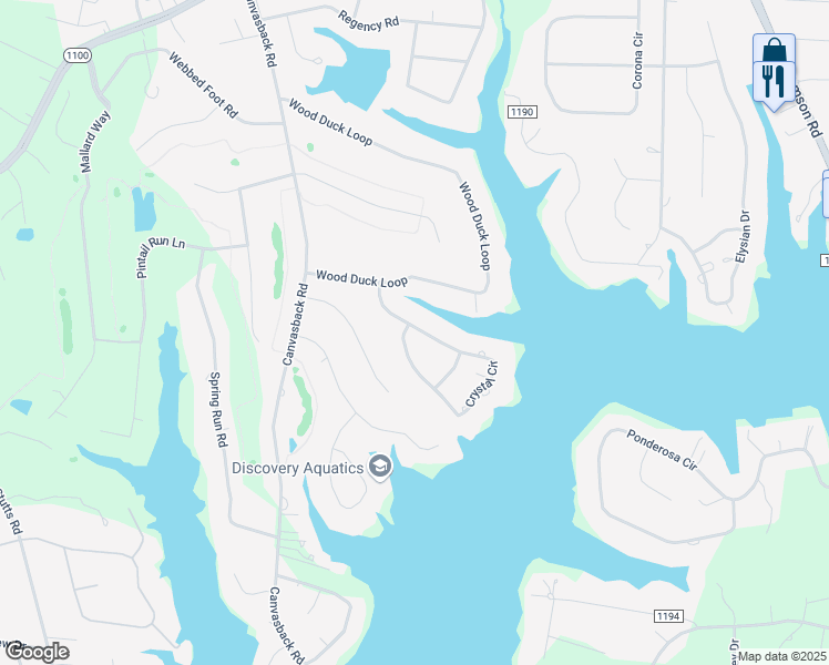 map of restaurants, bars, coffee shops, grocery stores, and more near 134 Crystal Circle in Mooresville