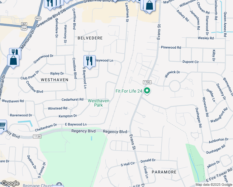 map of restaurants, bars, coffee shops, grocery stores, and more near 3609 East Baywood Lane in Greenville