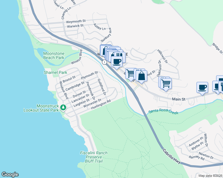 map of restaurants, bars, coffee shops, grocery stores, and more near 775 Huntington Road in Cambria