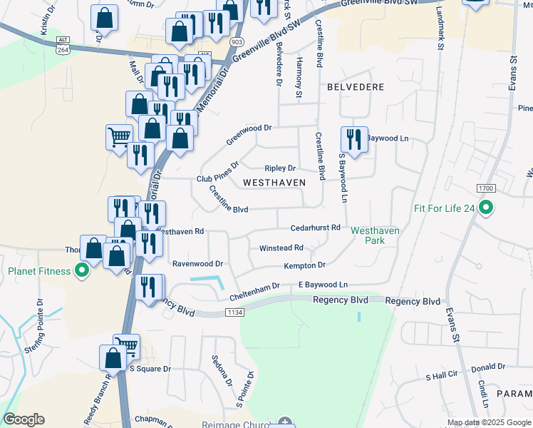 map of restaurants, bars, coffee shops, grocery stores, and more near 525 Crestline Boulevard in Greenville