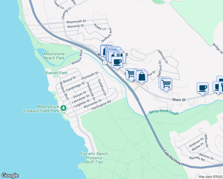 map of restaurants, bars, coffee shops, grocery stores, and more near 775 Huntington Road in Cambria