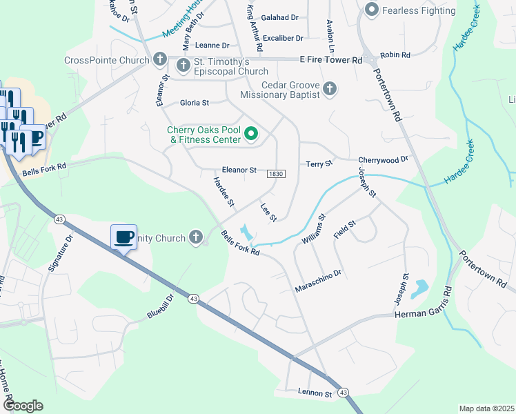 map of restaurants, bars, coffee shops, grocery stores, and more near 110 Harell St in Greenville