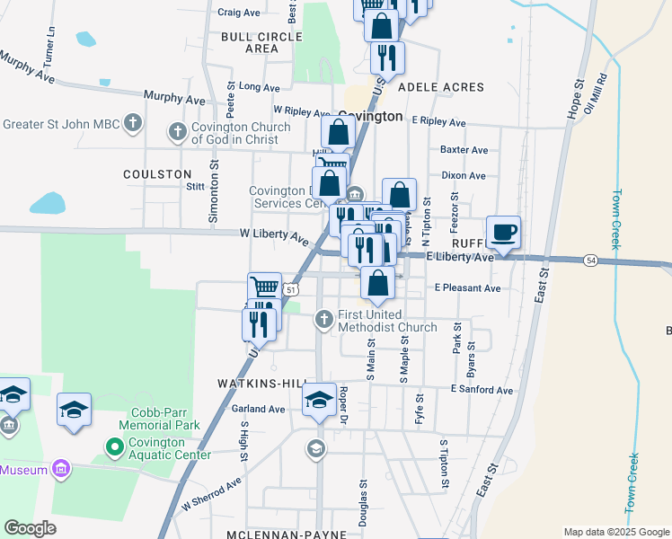 map of restaurants, bars, coffee shops, grocery stores, and more near 115 West Court Square in Covington
