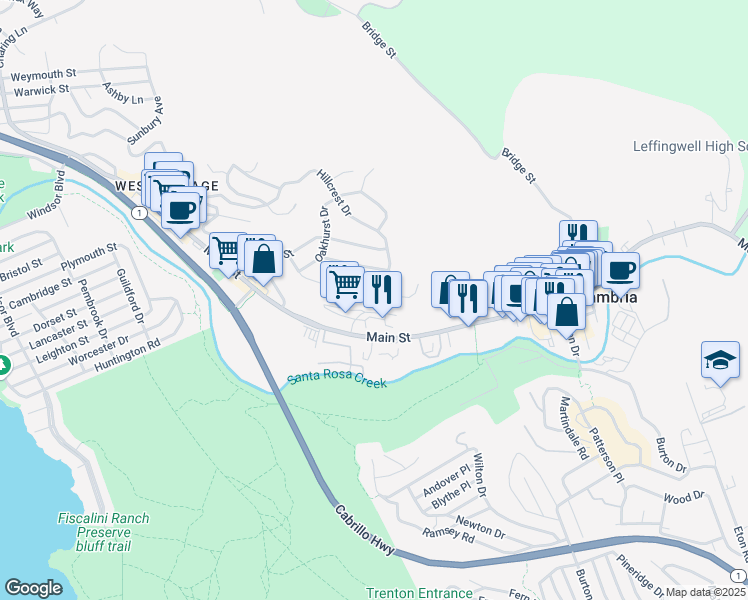 map of restaurants, bars, coffee shops, grocery stores, and more near 4925 Grove Street in Cambria