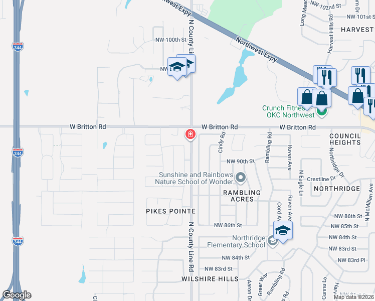 map of restaurants, bars, coffee shops, grocery stores, and more near 9105 Dena Lane in Oklahoma City