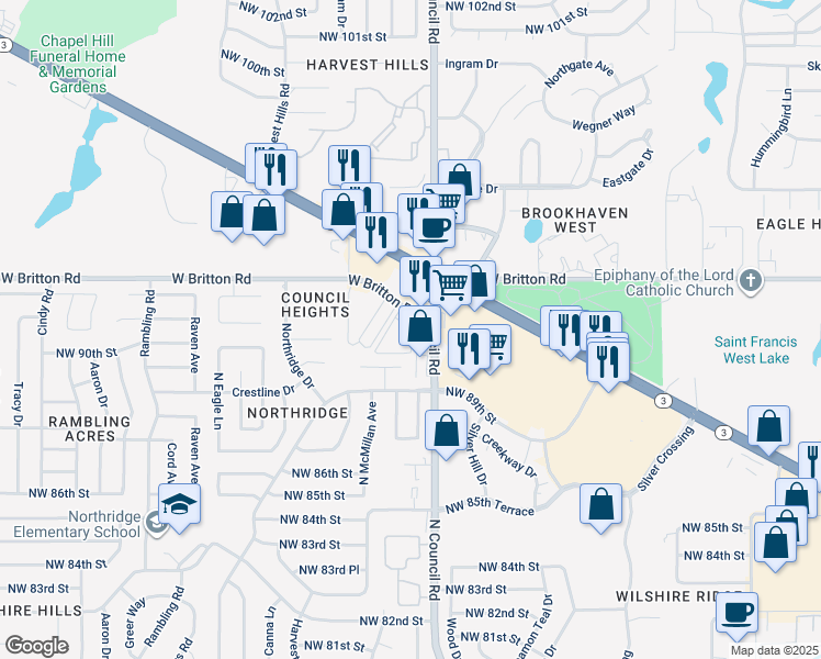 map of restaurants, bars, coffee shops, grocery stores, and more near 9211 North Council Road in Oklahoma City