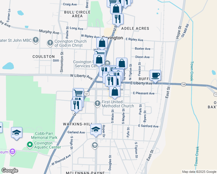 map of restaurants, bars, coffee shops, grocery stores, and more near 115 West Court Square in Covington