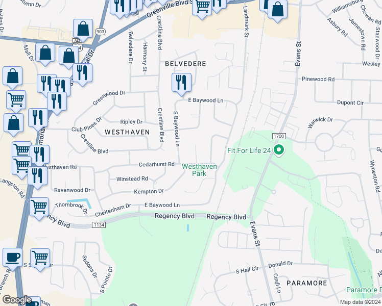 map of restaurants, bars, coffee shops, grocery stores, and more near 208 Bristol Court in Greenville