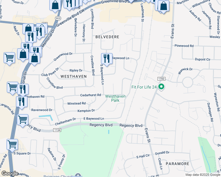 map of restaurants, bars, coffee shops, grocery stores, and more near 208 Bristol Court in Greenville