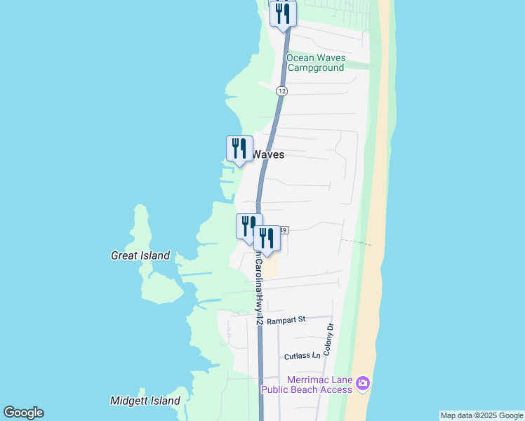 map of restaurants, bars, coffee shops, grocery stores, and more near 25884 North Carolina 12 in Waves