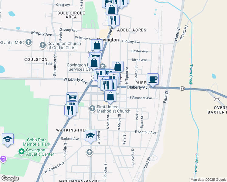 map of restaurants, bars, coffee shops, grocery stores, and more near 112 Court Square East in Covington