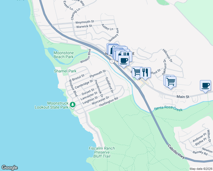 map of restaurants, bars, coffee shops, grocery stores, and more near 599 Leighton Street in Cambria