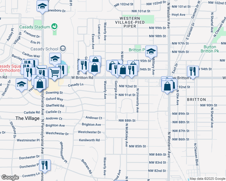 map of restaurants, bars, coffee shops, grocery stores, and more near 9115 Georgia Avenue in Oklahoma City